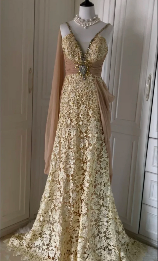 Vintage Spaghetti Straps Lace Chiffon Beaded Mermaid Evening Dress Long Prom Gown D3100