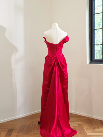 Pretty One Shoulder Red Satin Pleated Long Wedding Guest Dress Formal Birthday Party Dress D2170