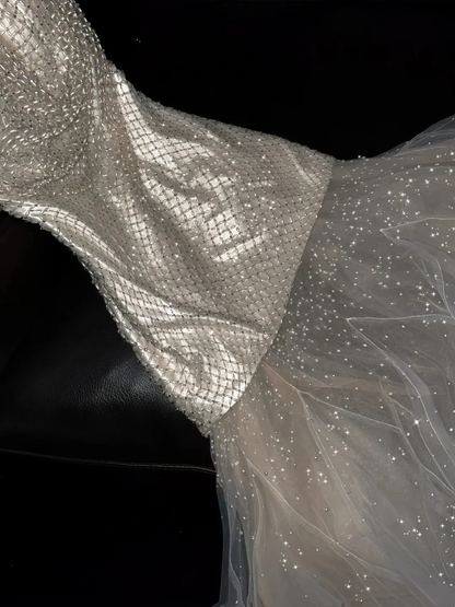 Sparkly Halter V Neck Sequin Tulle Beaded Mermaid Evening Dress Long Birthday Party Dress D4879