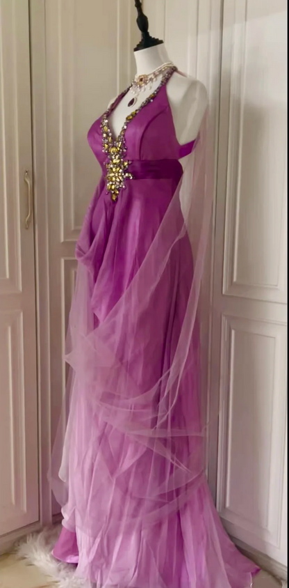 Sexy Ombre Purple Halter Satin Beaded Mermaid Long Evening Dress Backless Birthday Prom Dress D3095
