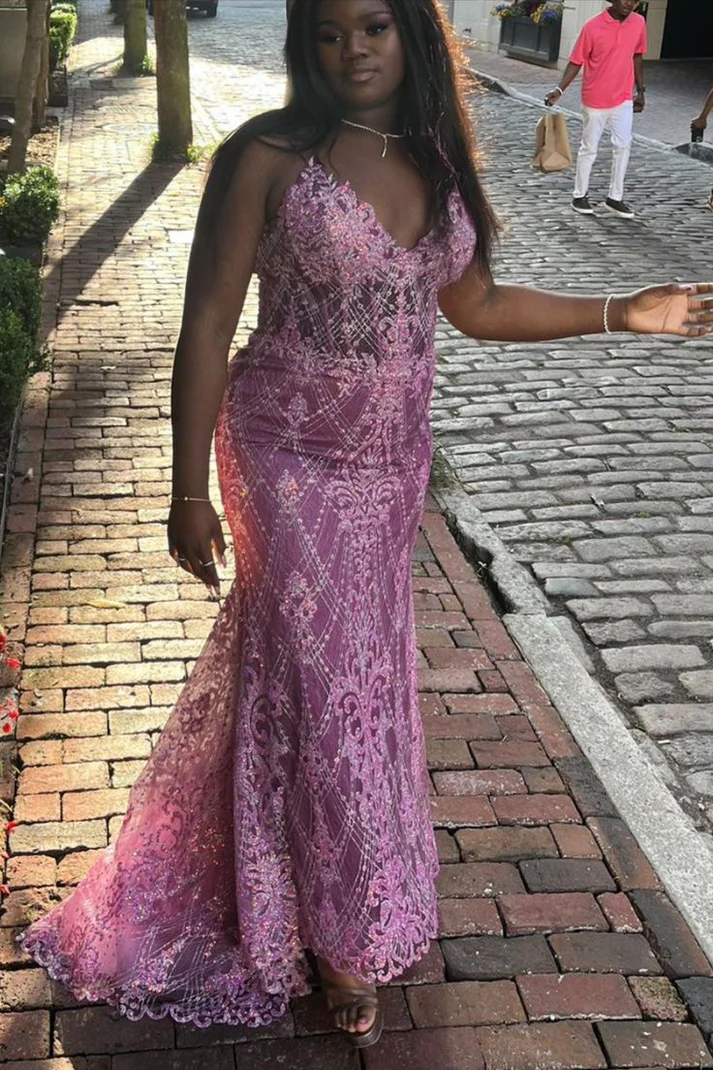 Vintage Spaghetti Straps Purple Tulle Lace Beaded Mermaid Long Wedding Guest Dress Birthday Party Dress D1815