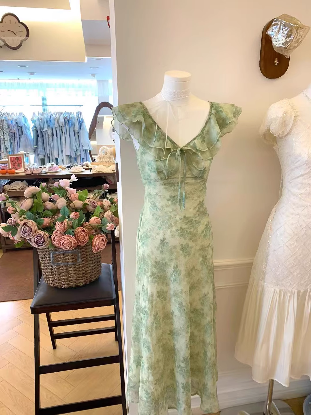 Green Ruffle Floral A Line Vacation Dress Birthday Party Dress S287