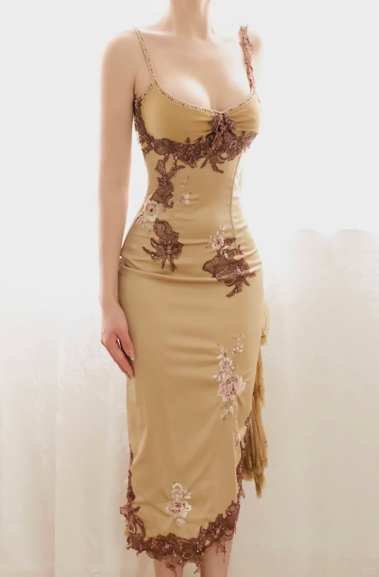 Vintage Spaghetti Straps Satin Beaded Appliques Sheath Long Prom Dress Party Dress D2709