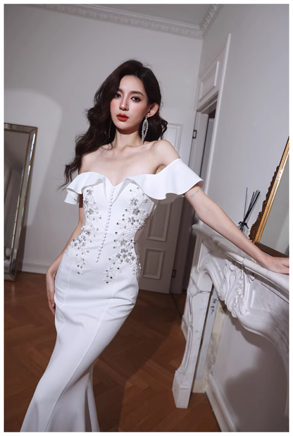 Elegant Off The Shoulder White Satin Appliques Mermaid Evening Dress Long Wedding Guest Dress D2430