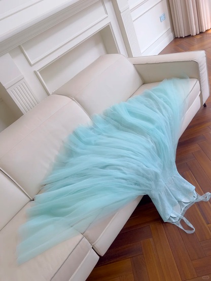Classy Spaghetti Straps Tulle Lace A Line Evening Dress,Blue Long Wedding Guest Dress D2984