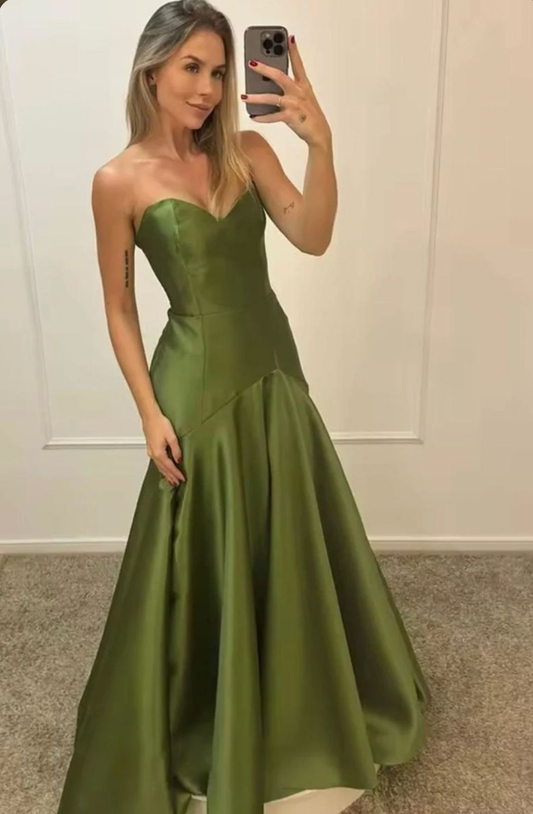 Charming Sweetheart Neck Olive Green Satin Mermaid Long Party Dress Birthday Outfits D1358