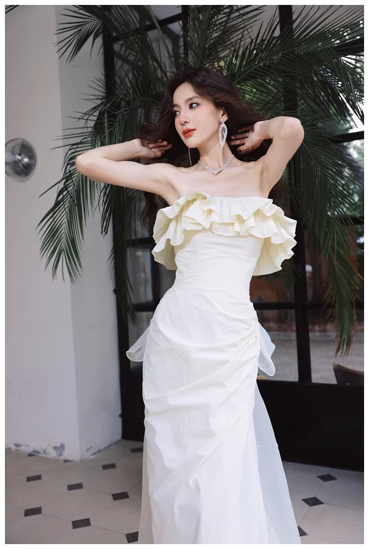 Elegant Beige Strapless Satin Pleated Mermaid Slit Long Evening Dress Birthday Party Dress With Bow D2418