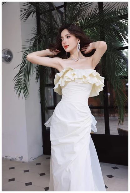 Elegant Beige Strapless Satin Pleated Mermaid Slit Long Evening Dress Birthday Party Dress With Bow D2418