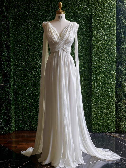 Simple V Neck Sleeveless White Chiffon Pleated Long Wedding Guest Dress Formal Evening Dress D2481