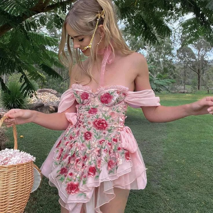 Classy Pink Off The Shoulder Tulle Floral Short Party Dress Short Homecoming Dress Birthday Dress D572