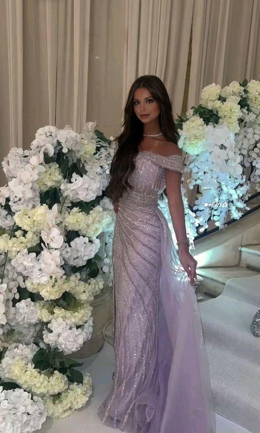 Pretty Off The Shoulder Lavender Tulle Sequin Beaded Mermaid Evening Dress Long Party Dresses D1941