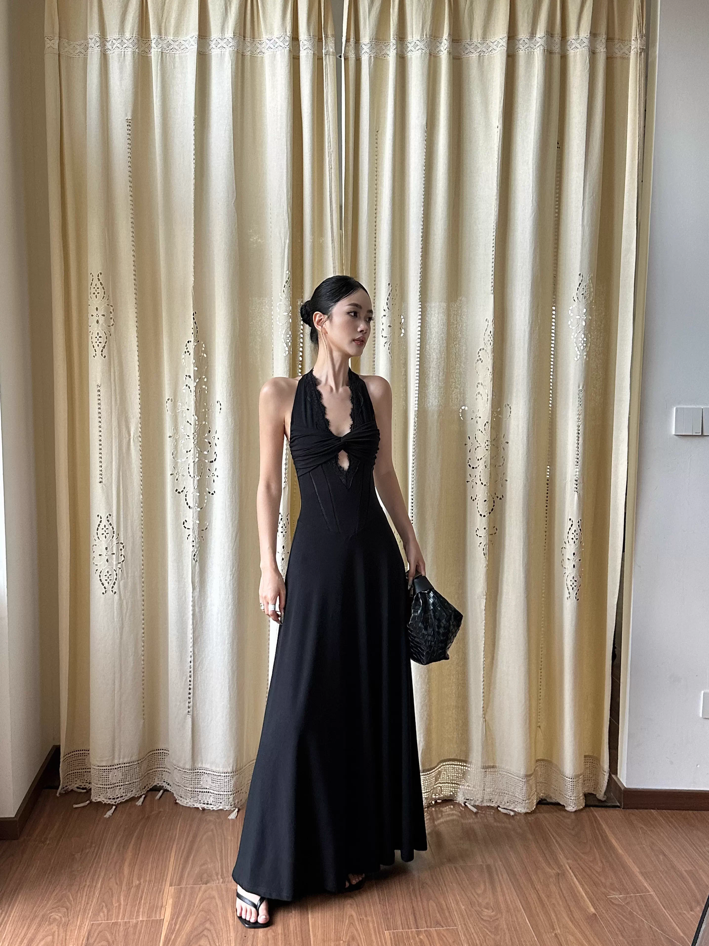 Sexy Black Halter Satin A Line Long Birthday Party Dress Evening Dress Formal Wedding Guest Dress D2079