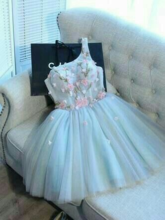 Fashion One Shoulder Tulle Appliques A Line Short Party Dress,Light Green Mini Homecoming Dress D3999