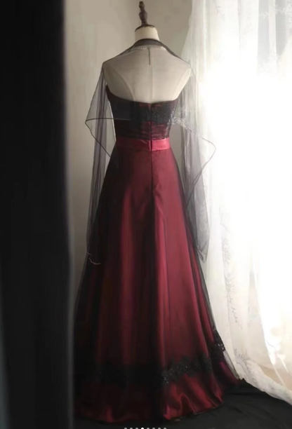 Vintage Burgundy Strapless Satin Tulle Appliques Mermaid Long Party Dress Evening Gown D2200