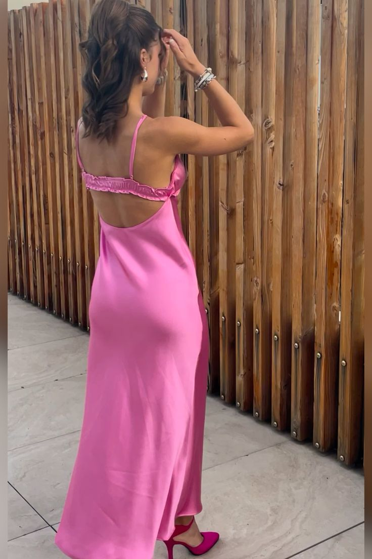 Sexy Spaghetti Straps Satin Long Wedding Guest Dress,Hot Pink Backless Long Party Dress D3486
