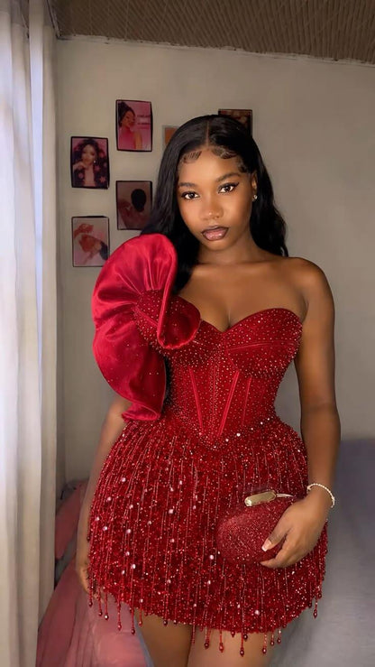 Chic Red Satin Beaded Sheath Short Homecoming Dress Sweetheart Neck Short Party Dress D4581