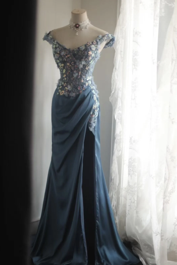 Gorgeous Off The Shoulder V Neck Satin Sequin Appliques Evening Dress Long Mermaid Slit Prom Dresses D2203