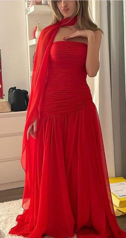 Beautiful Red Strapless Chiffon Long Evening Dress Formal Long Wedding Guest Dress D4580