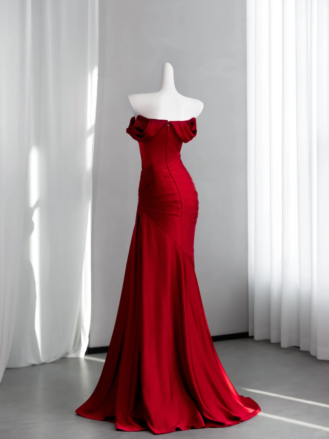 Classy Red Satin Pleated Mermaid Long Evening Dress Off The Shoulder Wedding Guest Dress D2468