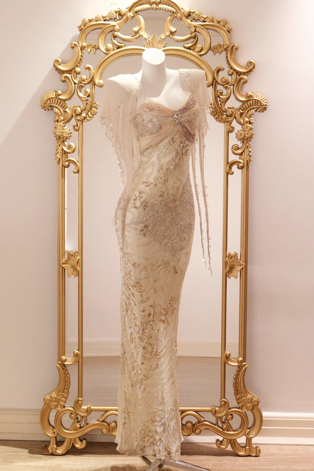 Retro Champagne Spaghetti Straps Chiffon Print Floral Beaded Long Party Dress Birthday Dress D2745