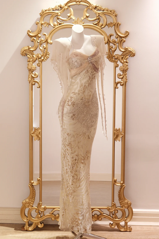 Retro Champagne Spaghetti Straps Chiffon Print Floral Beaded Long Party Dress Birthday Dress D2745
