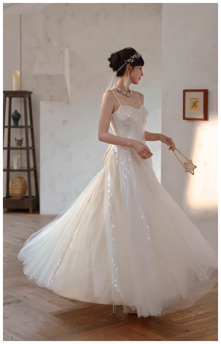 Classy Light Apricot Spaghetti Straps Tulle Sequin A Line Long Party Dress Evening Dress D2409