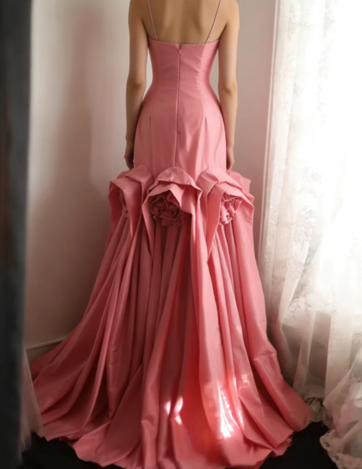 Elegant Spaghetti Straps Pink Satin Pleated Floral Mermaid Long Party Dress Birthday Evening Gown D2210