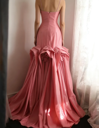 Elegant Spaghetti Straps Pink Satin Pleated Floral Mermaid Long Party Dress Birthday Evening Gown D2210