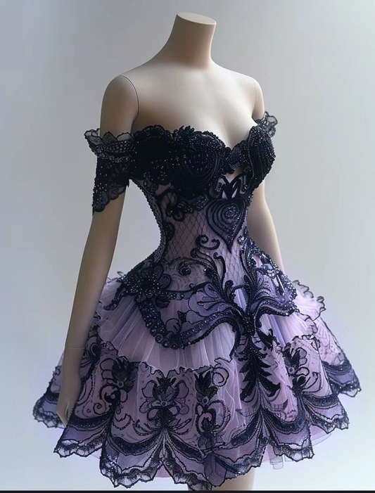 Vintage Off Shoulder Lace Beaded A Line Cocktail Dress Purple Short Party Dress Homecoming Dress S742