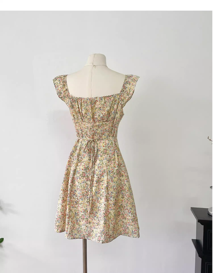 Light Yellow Floral Short Dress Vacation Dress S222