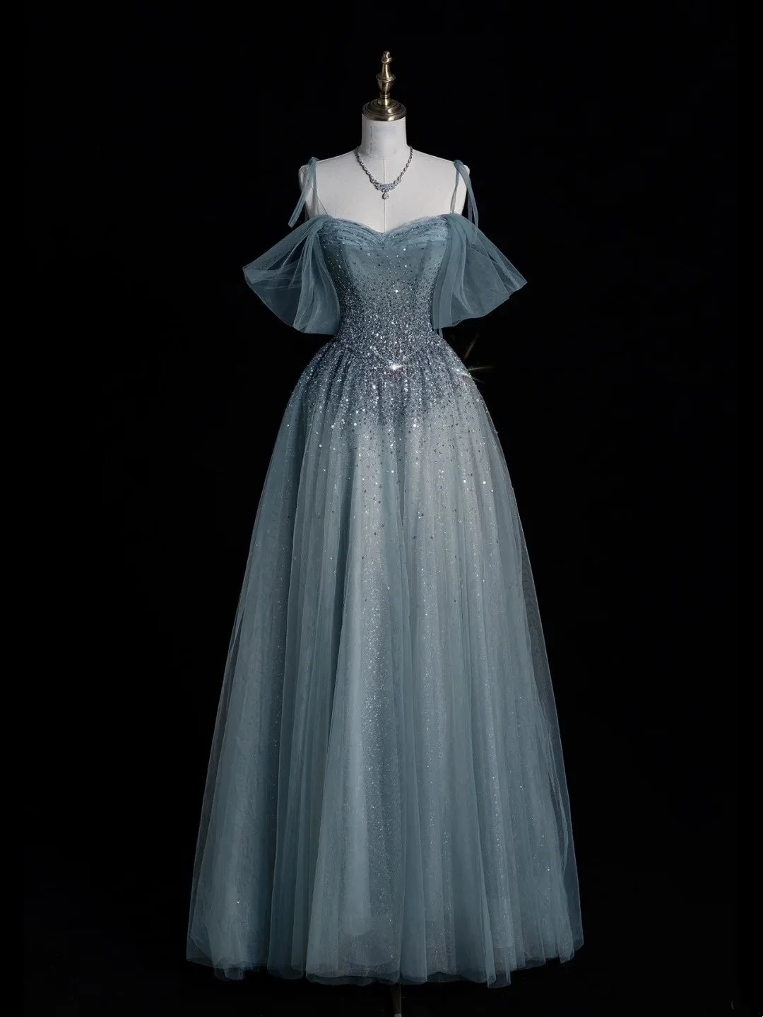 Charming Off The Shoulder Tulle Beaded A Line Long Birthday Prom Dress Blue Long Party Dress D4845