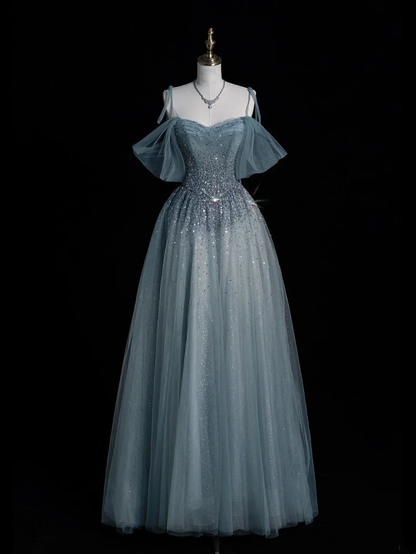 Charming Off The Shoulder Tulle Beaded A Line Long Birthday Prom Dress Blue Long Party Dress D4845