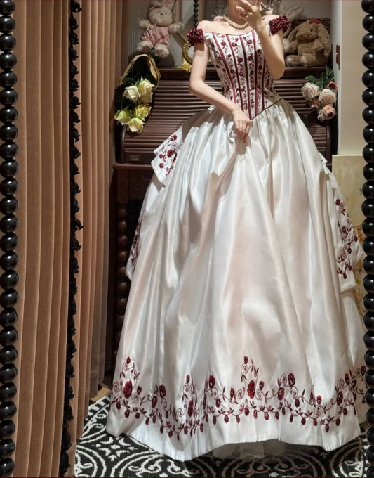Unique Off The Shoulder Ball Gown White Satin Embroidery Flowers Long Birthday Party Dress Prom Gown D2037