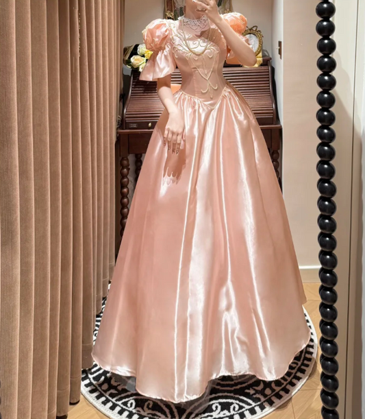 Cute Pink Ball Gown Satin Beaded Long Party Dress Prom Gown With Bow D2041