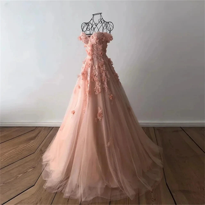 Retro Lavender Off Shoulder Tulle Floral Party Dress Tulle Prom Dress Evening Dress SD1747