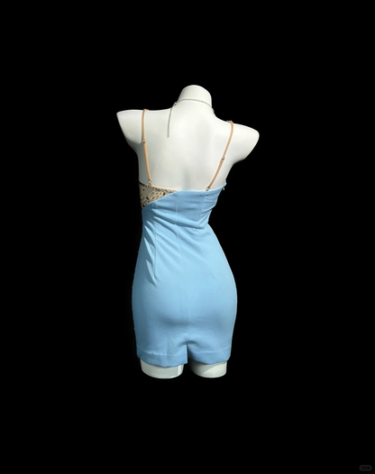Classy V Neck Blue Satin Beaded Sheath Homecoming Dress Short Party Dress D3243