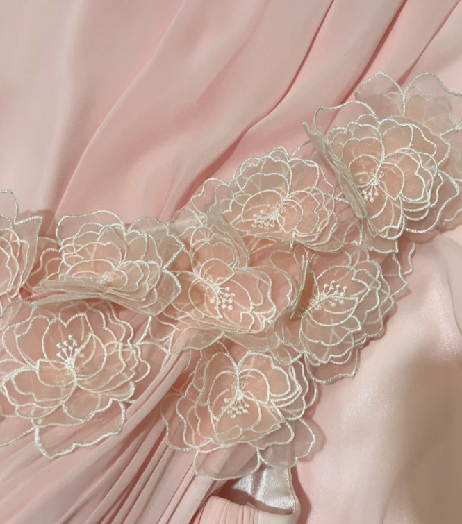 Classy Pink One Shoulder Chiffon Pleated Appliques Long Party Dress Prom Dress Formal Wedding Guest Dress D2114
