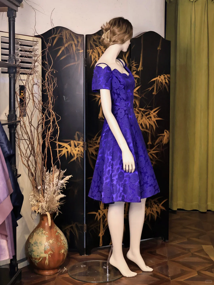 Vintage Purple Rose Floral Print A Line Homecoming Dress Off The Shoulder Mini Prom Dress S733