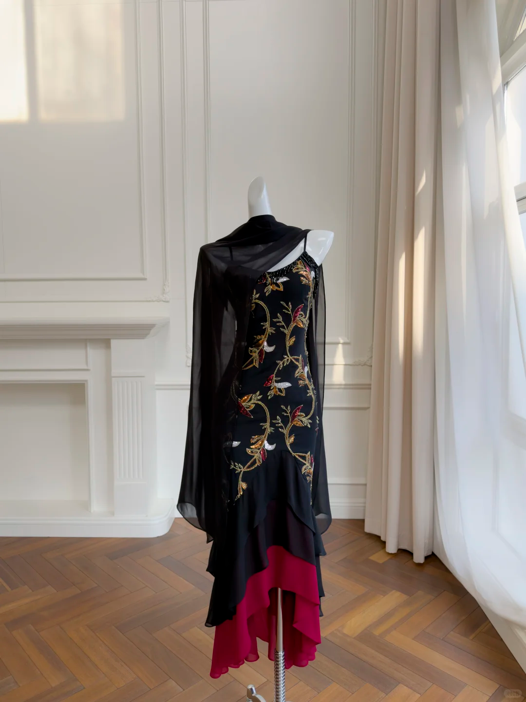 Vintage Black Spaghetti Straps Chiffon Ruffles Long Evening Dress Birthday Dress With Scarf D2989