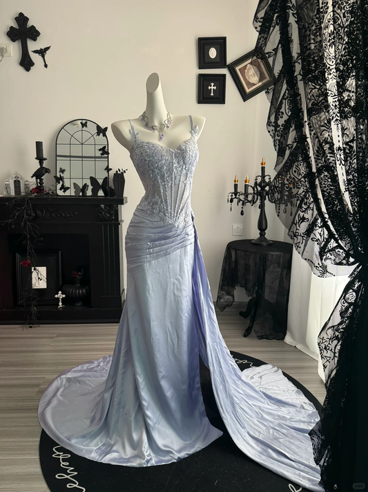 Charming Lilac Satin Sequin Slit Mermaid Prom Dress,Spaghetti Straps Long Evening Dress D3704