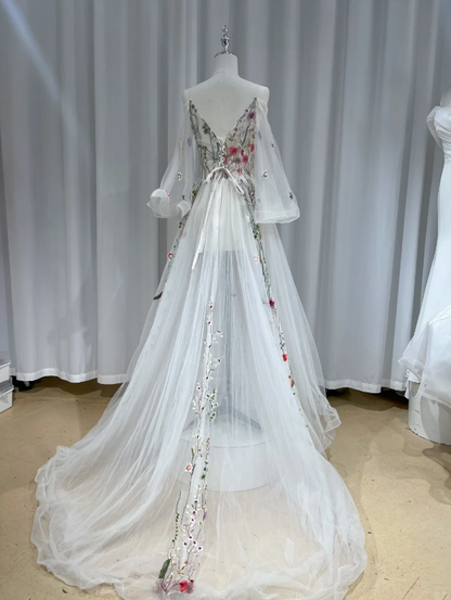 Charming White Tulle Floral V Neck Long Party Dress Birthday Evening Dresses D2467