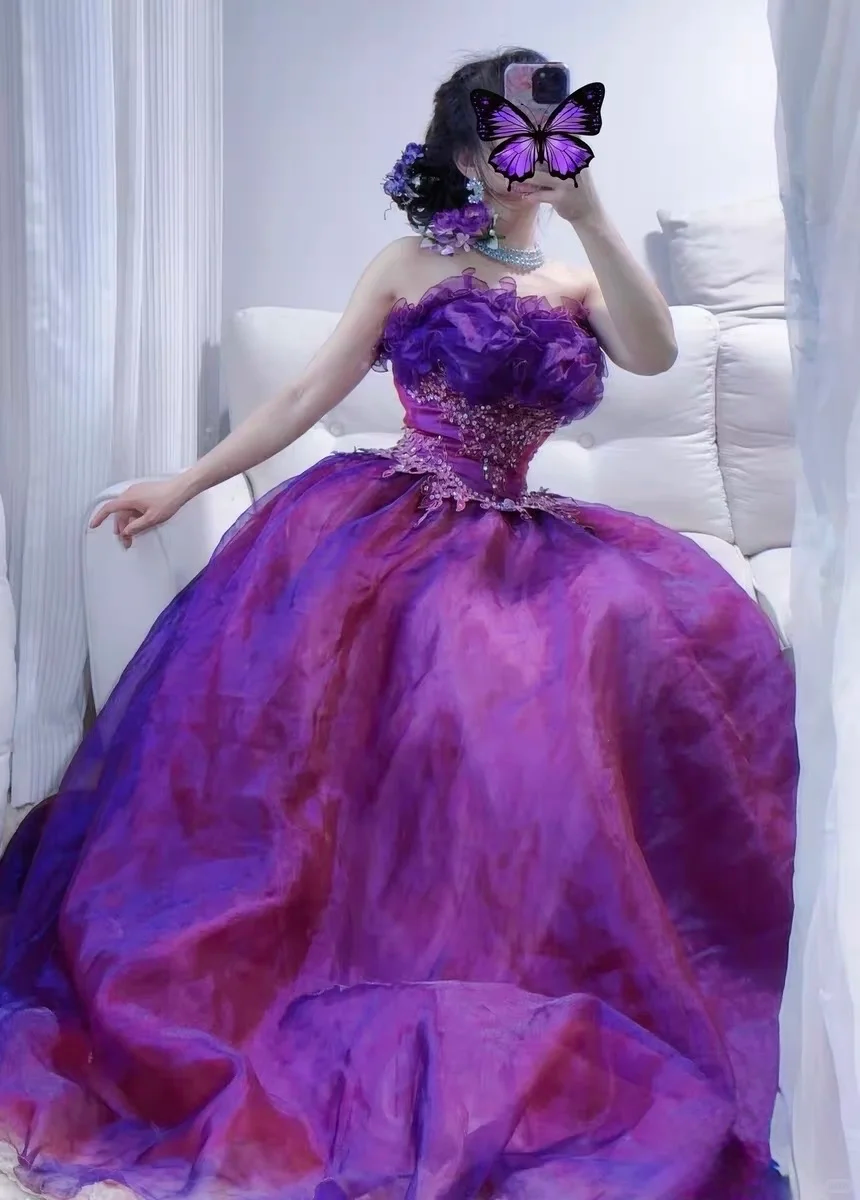 Vintage Strapless Quinceanera Dress Purple Tulle Appliques Beaded Sweet 15 Dress D5269
