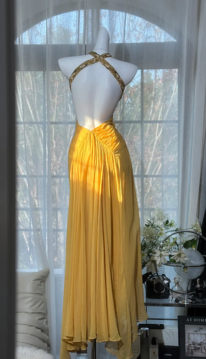 Pretty Lemon Yellow Halter Beaded Mermaid Backless Long Evening Dress Party Dress D2195