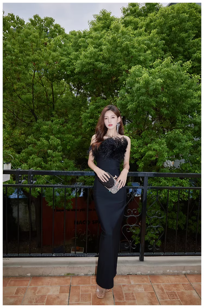 Chic Feathers Strapless White Satin Sheath Long Prom Dress Evening Dresses D2454