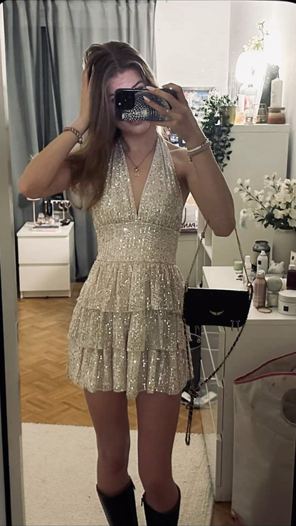 Sparkly Halter V Neck Sequin Layered A Line Short Homecoming Dress Mini Birthday Outfits D3278