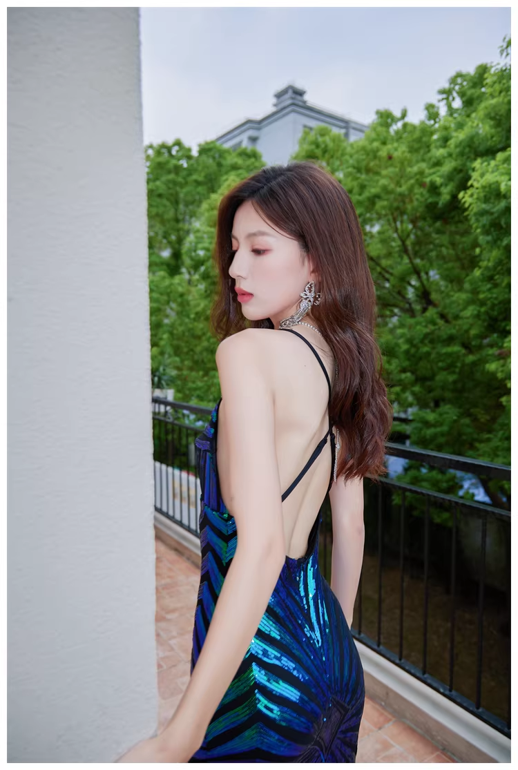 Vintage Green Spaghetti Straps Sequin Mermaid Long Evening Dress Birthday Dress D2447