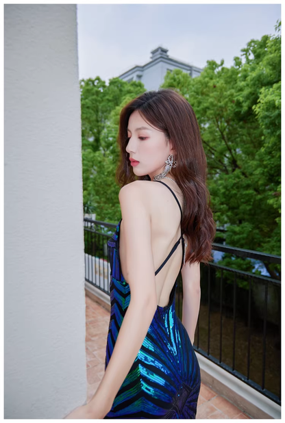 Vintage Green Spaghetti Straps Sequin Mermaid Long Evening Dress Birthday Dress D2447