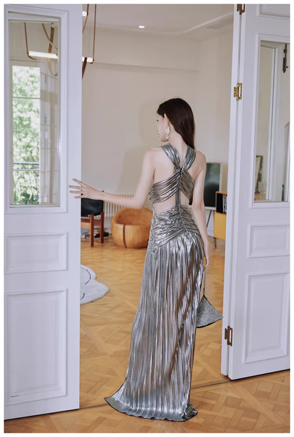 Fashion Silver Gray Satin Pleated High Slit Long Evening Dress Sexy Prom Dress D2429