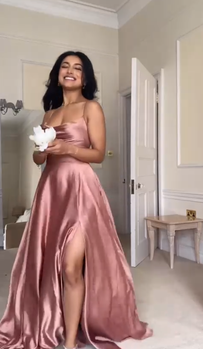 Stylish Spaghetti Straps Pink A Line Slit Bridesmaid Dress Long Prom Dress D962