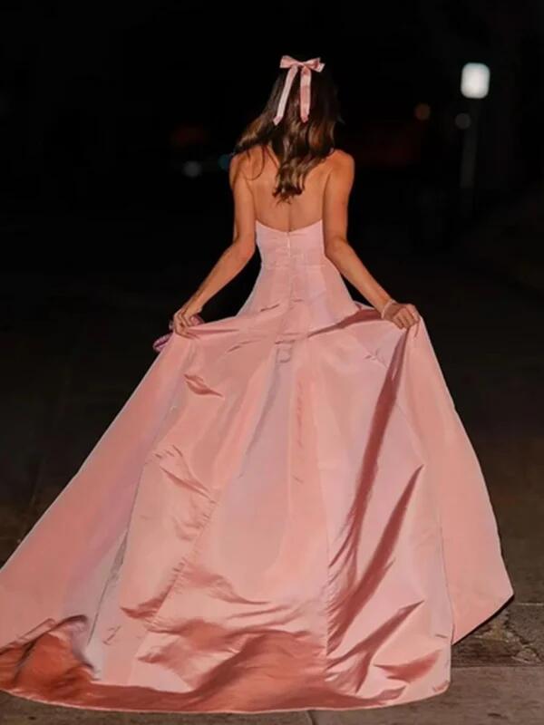 Pretty Strapless V Neck Long Wedding Guest Dress Pink Long Evening Dress D4491